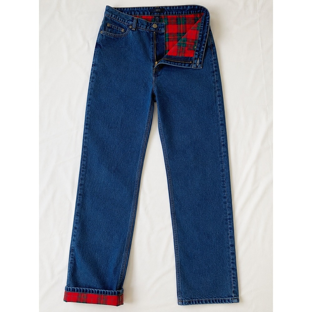 Lands End Vintage 90s‎ High Waisted Red Plaid Flannel Lined Jeans 14 Inseam 33"